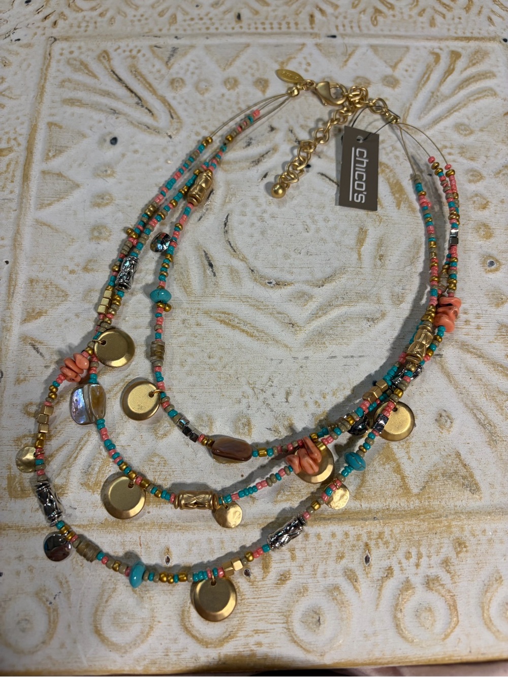 Chicos Boho Necklace Faux Coral Turquoise Seed Bead 16" Multistrand Signed